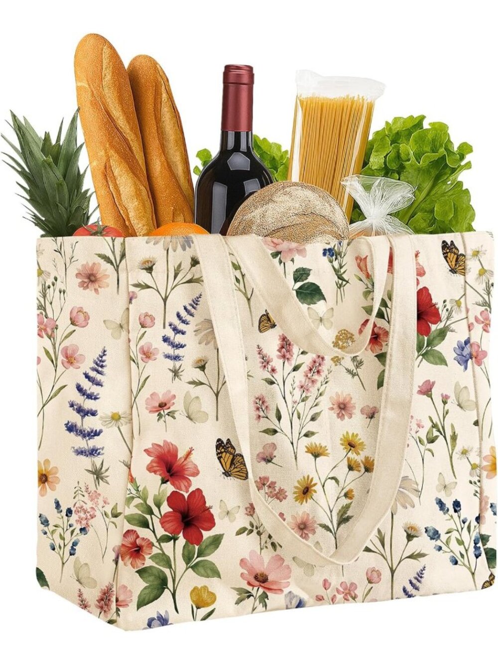 Cute Extra Large Canvas Grocery Tote Bag | 6 Pockets, Reusable Heavy Duty